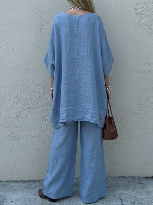 👚Relaxed Sky Blue Linen 2 Piece Lounge Set | Boho Oversized Tunic & Wide Leg Pants