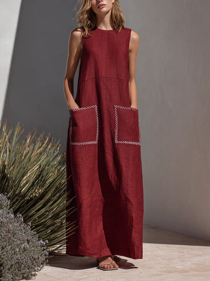 Wine Red Textured Cotton-linen Contrast Stitch Pocket Crew Neck Sleeveless Straight Maxi Dress