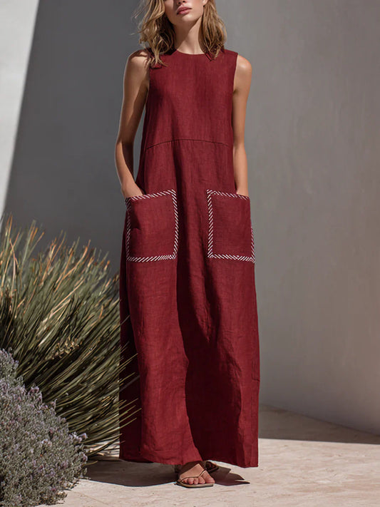 Wine Red Textured Cotton-linen Contrast Stitch Pocket Crew Neck Sleeveless Straight Maxi Dress