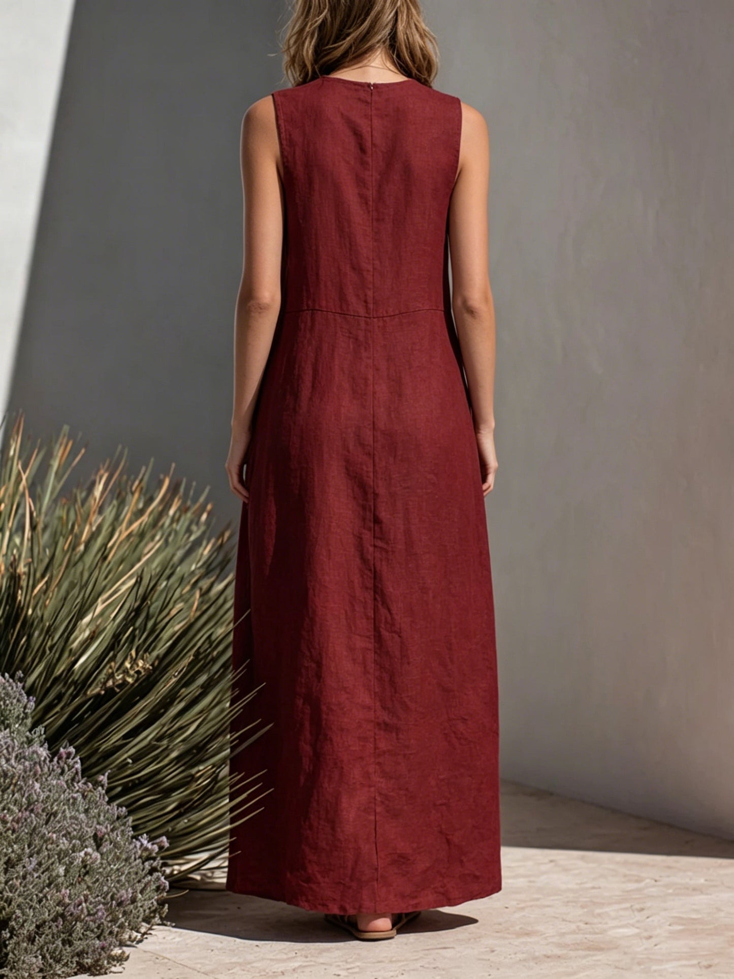 Wine Red Textured Cotton-linen Contrast Stitch Pocket Crew Neck Sleeveless Straight Maxi Dress